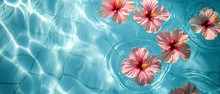 Pink Hibiscus Flowers Floating In The Swimming Pool With Tiles, Close Up Pattern Minimalist, Top View, Exotic Concept.