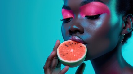 Wall Mural - Woman's face highlighted with vibrant green makeup, eating a slice of kiwi