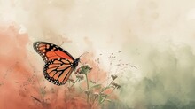  A Painting Of A Monarch Butterfly Flying Over A Field Of Wildflowers With A Watercolor Painting Of The Monarch Butterfly On It's Back Side Of The Image.