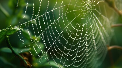 Poster -  a close up of a spider web on a leaf with water droplets on the spider's web, with a blurry background of green leaves in the foreground.