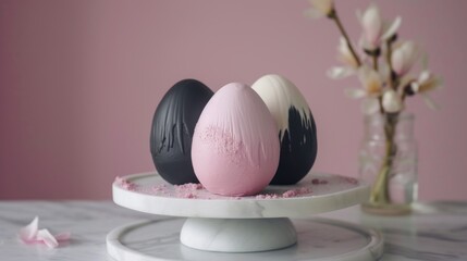 Poster -  three eggs sitting on a cake plate with a vase of flowers in the background and a pink wall in the middle of the room with a pink wall in the background.