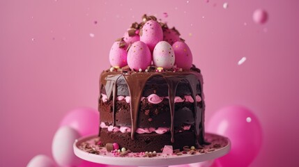 Sticker -  a chocolate cake with pink frosting and chocolate eggs on top, surrounded by pink and white balloons, on a white cake platter, on a pink background.