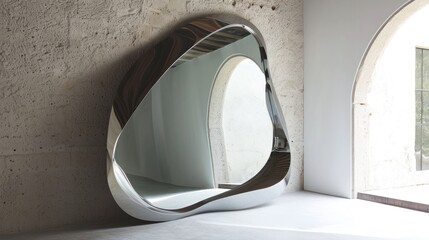  a mirror sitting on the side of a wall in front of a stone wall with a arched window in the middle of the wall and a circular mirror on the side of the wall.