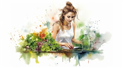 Female chef prepares microgreens. White background. Watercolor style. Concept of fresh cuisine preparation, culinary art, organic food, healthy lifestyle.