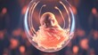 Sleeping infant in a translucent sphere. Fetus inside a glowing womb. Concept of new life, nurturing warmth, comfort, calmness, beginnings, and innocence.