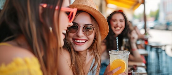  Happy female friends having fun drink at cafe shop. AI generated image
