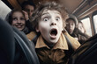 A young boy cries during the drive in an autobus. AI generated.