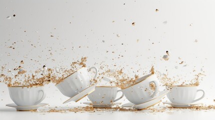  a group of white coffee cups with gold sprinkles coming out of them on a white background with a splash of coffee on the top of the cups.