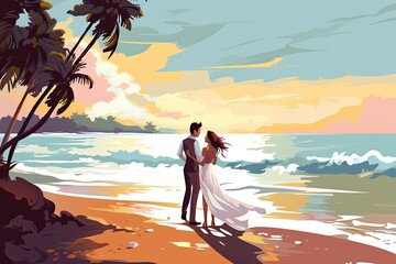 Wall Mural - romantic wedding couple by the ocean illustration