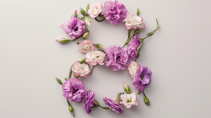 Wall Mural - banner for March 8, number eight made from lisianthus flowers on a white background with free space place for text