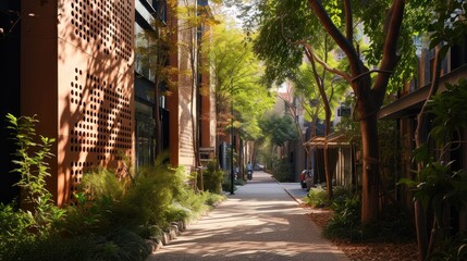 Poster -  a city street lined with tall buildings and lots of greenery on both sides of the street is lined with tall buildings and lots of greenery on both sides of the street.