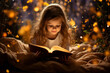A little girl is curiously reading a book, a bedtime story. Concept of bedtime stories, children's books, fairy tales. Old adventure books and stories for children.