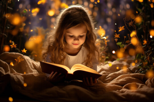 a little girl is curiously reading a book, a bedtime story. concept of bedtime stories, children's b
