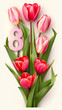 banner for the eighth of March tulips and number 8 on a white background