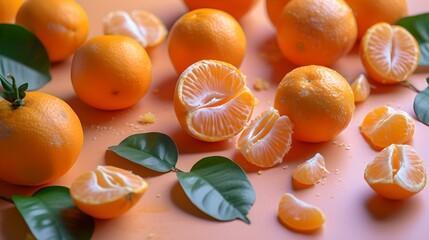 Wall Mural - Fresh citrus fruits on a pink surface. whole and sliced oranges. simple, vibrant, and healthy food theme. AI