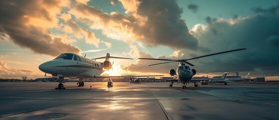Wall Mural - A captivating photograph capturing both an airplane and a helicopter parked on the ground
