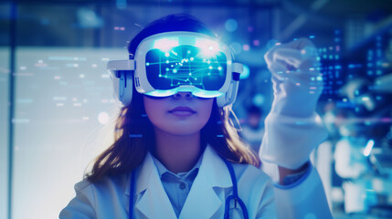 Wall Mural - a female scientist explores complex data through a virtual reality headset in a futuristic laborator
