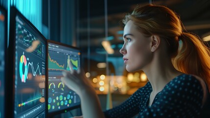 Aufkleber - Focused professional analyzing data on computer screens in a dark office. contemporary workplace setting. stock image for corporate use. AI