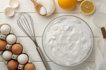 Wall Mural - Bowl with whipped cream, whisk and ingredients on white wooden table, flat lay