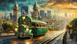 Dreamlike view of a green steampunk train moving on train track with skyscraper and city view on the background. Retro futuristic and apocalyptic concept concept.