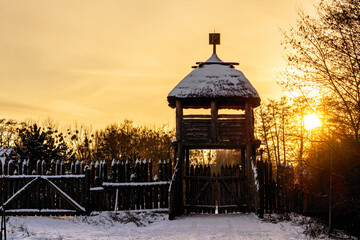 Wall Mural - Wooden gate and fort. Winter countryside	
