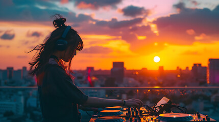 Wall Mural - A captivating photograph of a female DJ spinning tracks on a rooftop during sunset