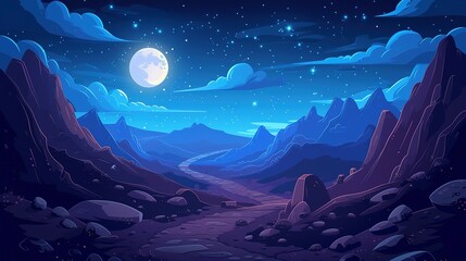 Wall Mural - Night mountain landscape with path leading to rocky hills under starry sky with clouds and full moon. Cartoon vector illustration of dark blue dusk scenery with road and rocks under moonlight