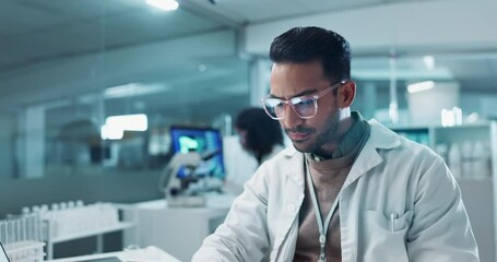 Aufkleber - Science, beaker and chemical with laptop in laboratory for chemistry experiment, test sample and medical research. Scientist, man and liquid inspection for clinical analysis, investigation and study