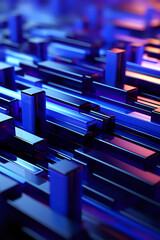 Poster - Abstract Blue Neon Geometric Shapes. A visually captivating image showcasing an array of blue neon geometric shapes, ideal for futuristic designs, technology themes, and digital art backgraund