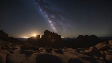 Wall Mural - sunset in the mountains  A night scene with the milky way galaxy and stars over a rocky landscape. 