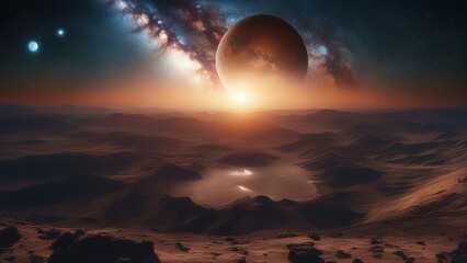 Wall Mural - sunrise over the desert a    Landscape with Milky way galaxy. 