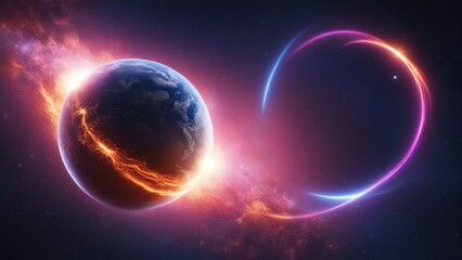 Wall Mural - sun and planet An Earth and space sky with a neon space background and a falling meteor. 
