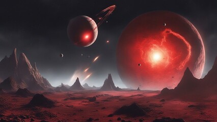 Wall Mural - ufo in space a realistic space planet with a red surface and a black sky. the planet has some crater