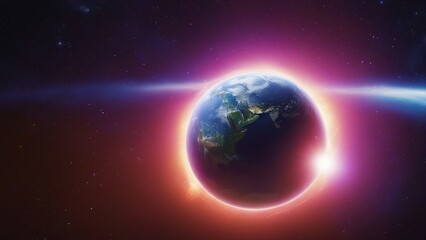 Wall Mural - earth in space a space view of the earth and a neon space background, with a falling meteor in the f