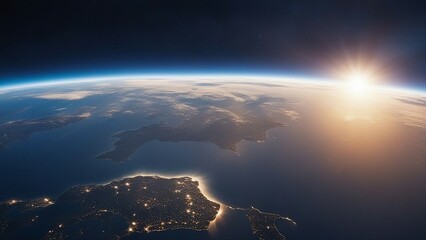 Wall Mural - sunrise over the earth  A stunning view of the Earth from space, with a blue sunrise illuminating the planet.  