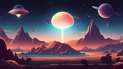 Wall Mural - ufo in the night  Alien space planet landscape with ufo, ray of light energy, rocket, stars and planets.  
