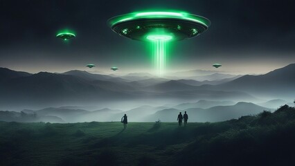 Wall Mural - a sci fi space scene with a black and gray ufo vector and a green light beam.