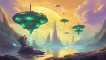 Wall Mural - spaceship and earth  A sci fi conflict scenario where two space vessels hover over a yellow sea that has acid geysers. 