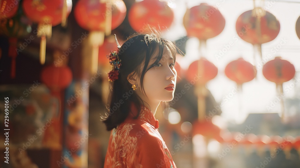 Young Chinese woman dressed in a traditional red dress with traditional ...
