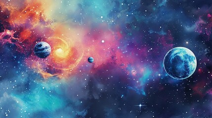 Vibrant watercolor cosmic scene with planets and nebulae. Wall art wallpaper