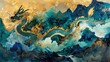 Chinese dragon, Year of the Dragon, blue dragon, 3d wallpaper, mountain and river fantasy landscape background inspired by chinese traditional ink painting, gold, blue, green, generative AI