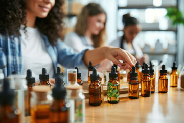 A woman explains products at an essential oils workshop, surrounded by shelves of bottled oils.