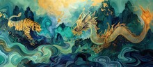 Dragon And Tiger, Year Of The Dragon, Lunar New Year, Spring Festival, Chinese Traditional Painting, 3d Wallpaper, Banner, Mountain And River Landscape Background, Gold, Blue, Green, Generative AI