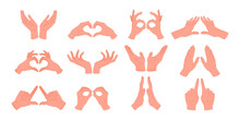 Human Hands Gestures. Cartoon Hands Signs And Symbols, Heart, Touching And Expressions With Pointing Fingers Flat Vector Illustration Set. Sign Language On White Background