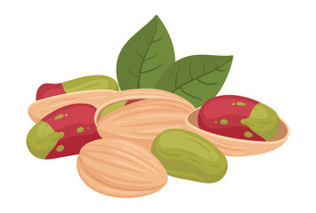 Wall Mural - Pistachios handful. Cartoon raw pistachio nuts in shell, organic tasty nuts snack flat vector illustration. Delicious pistachio nuts on white