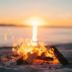 Bonfire on the beach at sunset. Camping on the beach.