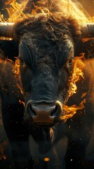 A bull engulfed in flames and radiating an aura of power and ferocity as fire dances around him. Bull concept in brute strength and indomitable energy.