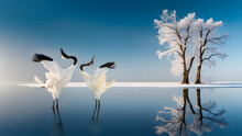 Dancing Pair Of Red-crowned Crane With Open Wing In Flight, With Snow Storm, Hokkaido, Japan