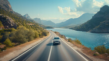 Car Driving On The Road Of Europe. Road Landscape In Summer. It's Nice To Drive On The Beachside Highway. In Europe