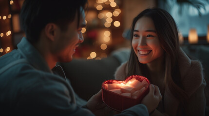 Happy Valentine's Day. A man gives a heart shaped gift box to his beloved woman